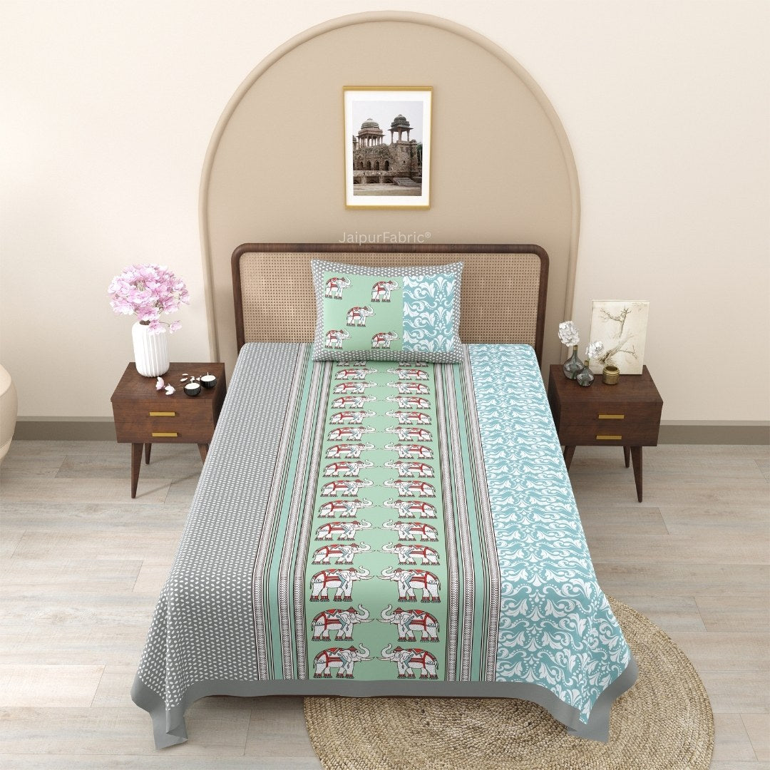 Blueish green Traditional Floral Pure Cotton Single BedSheet