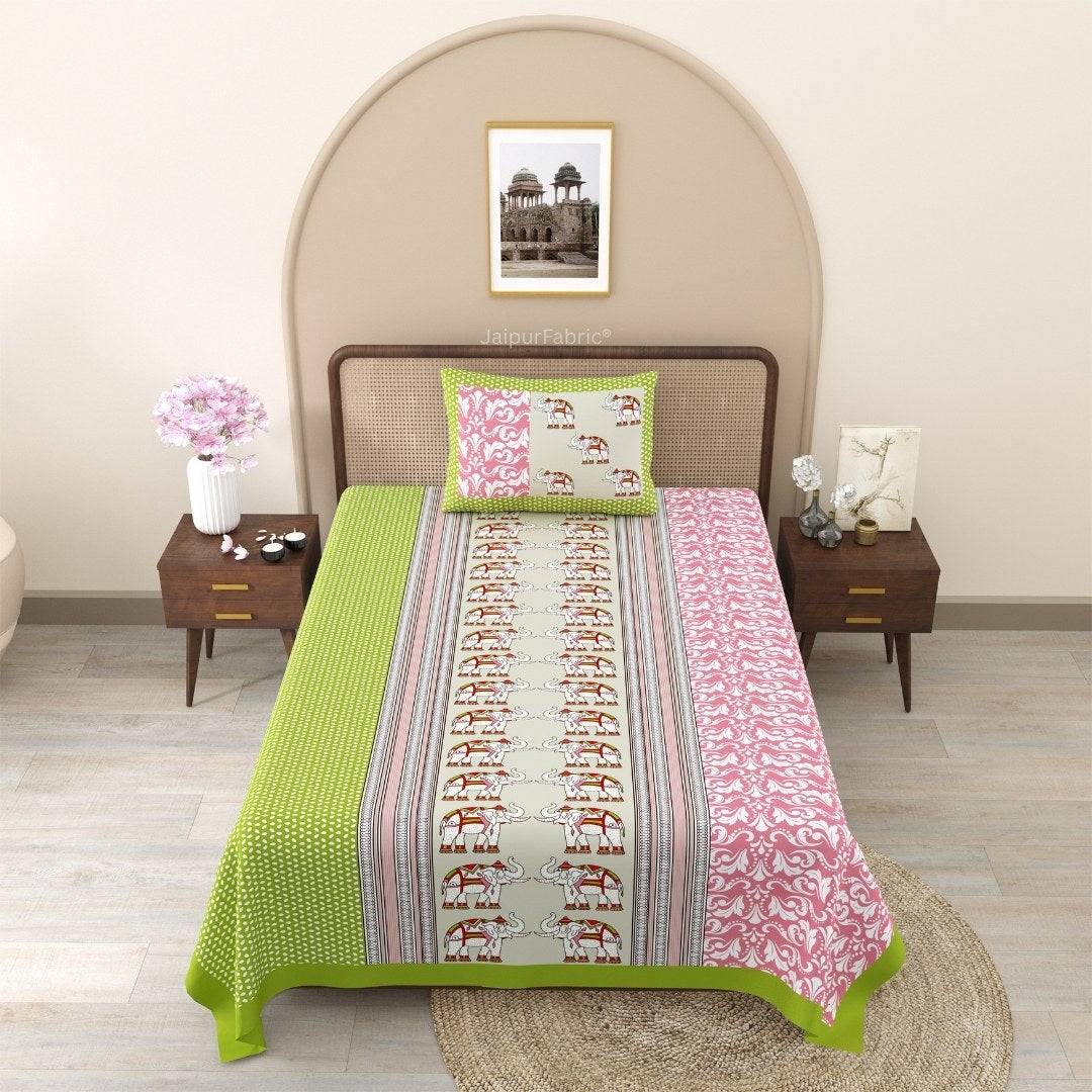 Pinkish Green Traditional Floral Pure Cotton Single BedSheet