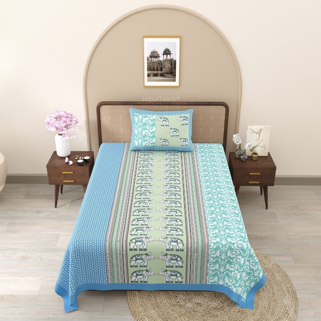 Sea Greenish Blue Traditional Floral Pure Cotton Single BedSheet