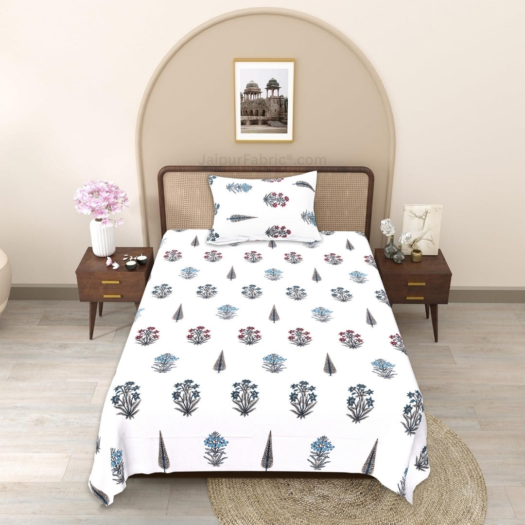 Indigo Gardenia Block Print Single Bedsheet