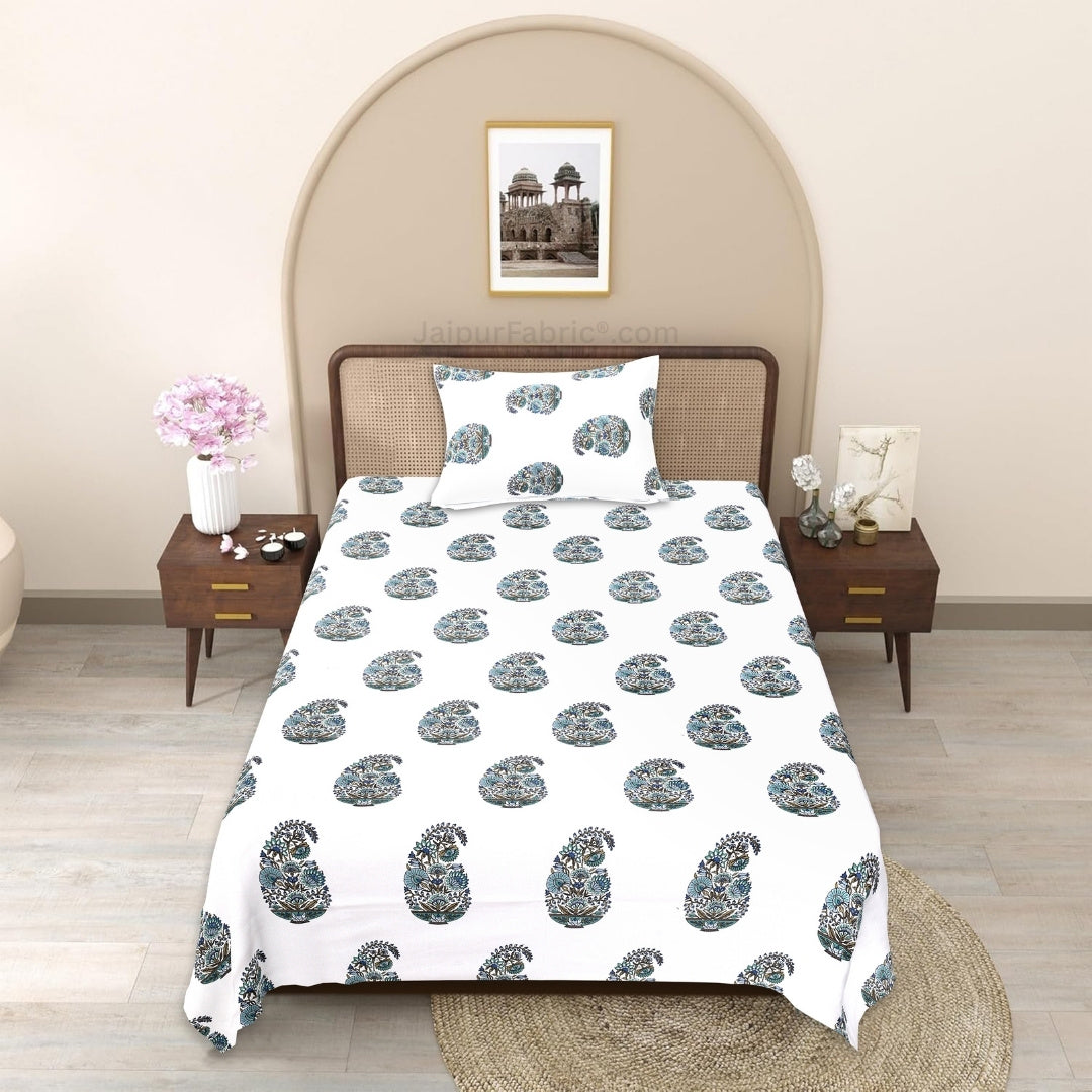 Teal Heritage Kalka Block Print Single Bedsheet