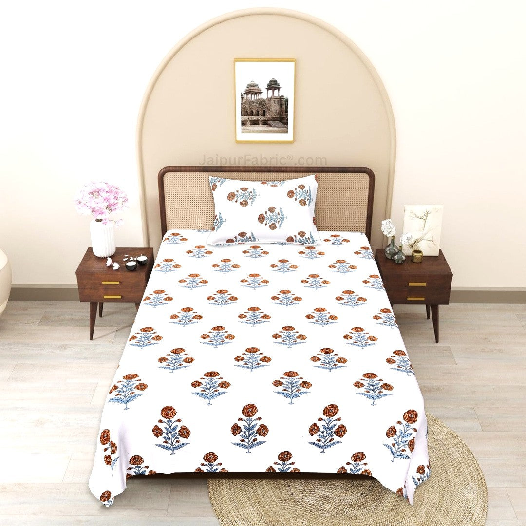 Burnt Ochre Bloom Block Print Single Bedsheet