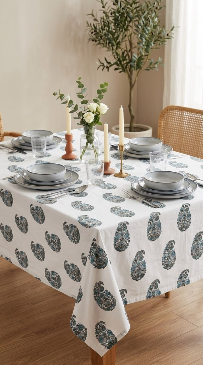 Indigo Blue Paisley Hand-Block Print Pure Cotton Table Cover