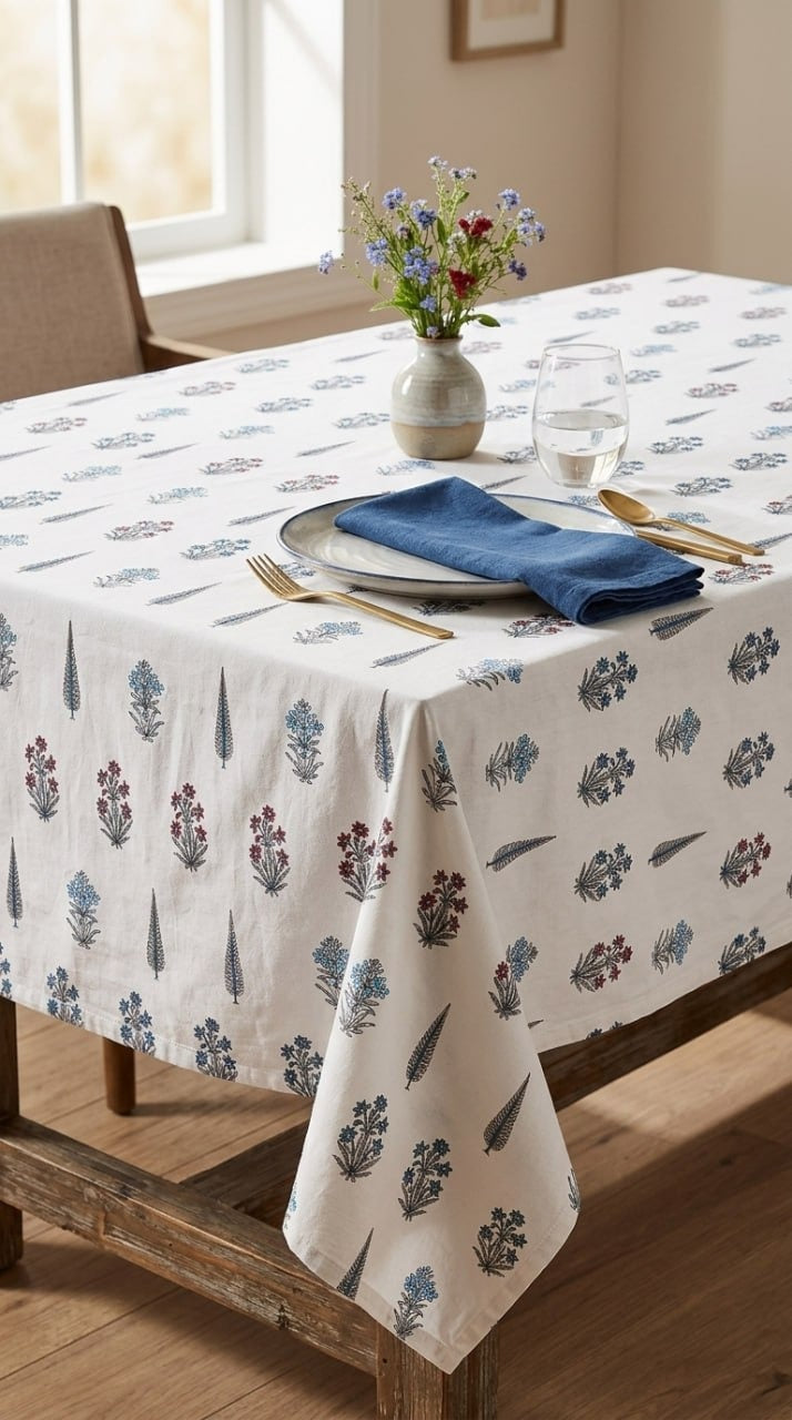 Classic Floral Motif Sanganeri Print Cotton Table Cover