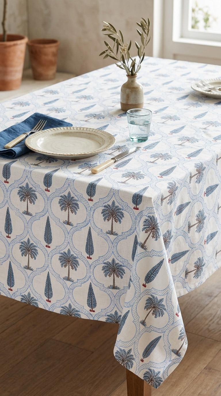 Azure Blue Palm Grove Block Print Table Cover
