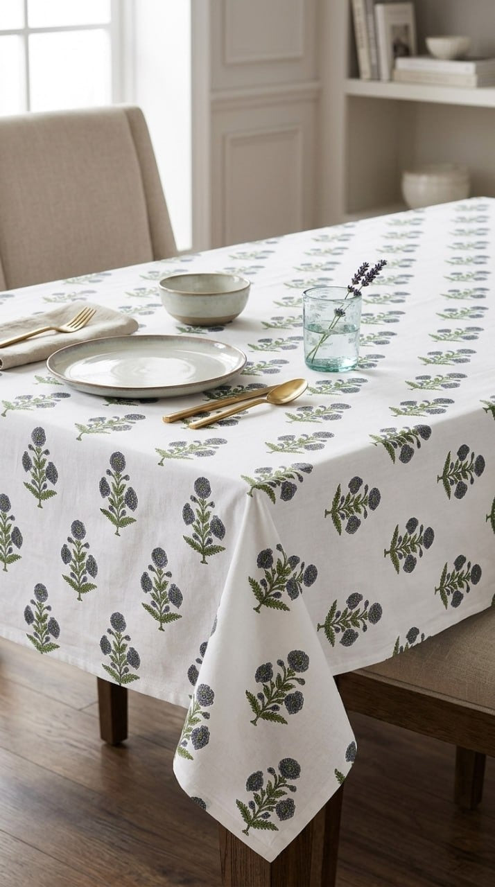 Amethyst Floral Sprig Hand-Block Print Cotton Table Cover