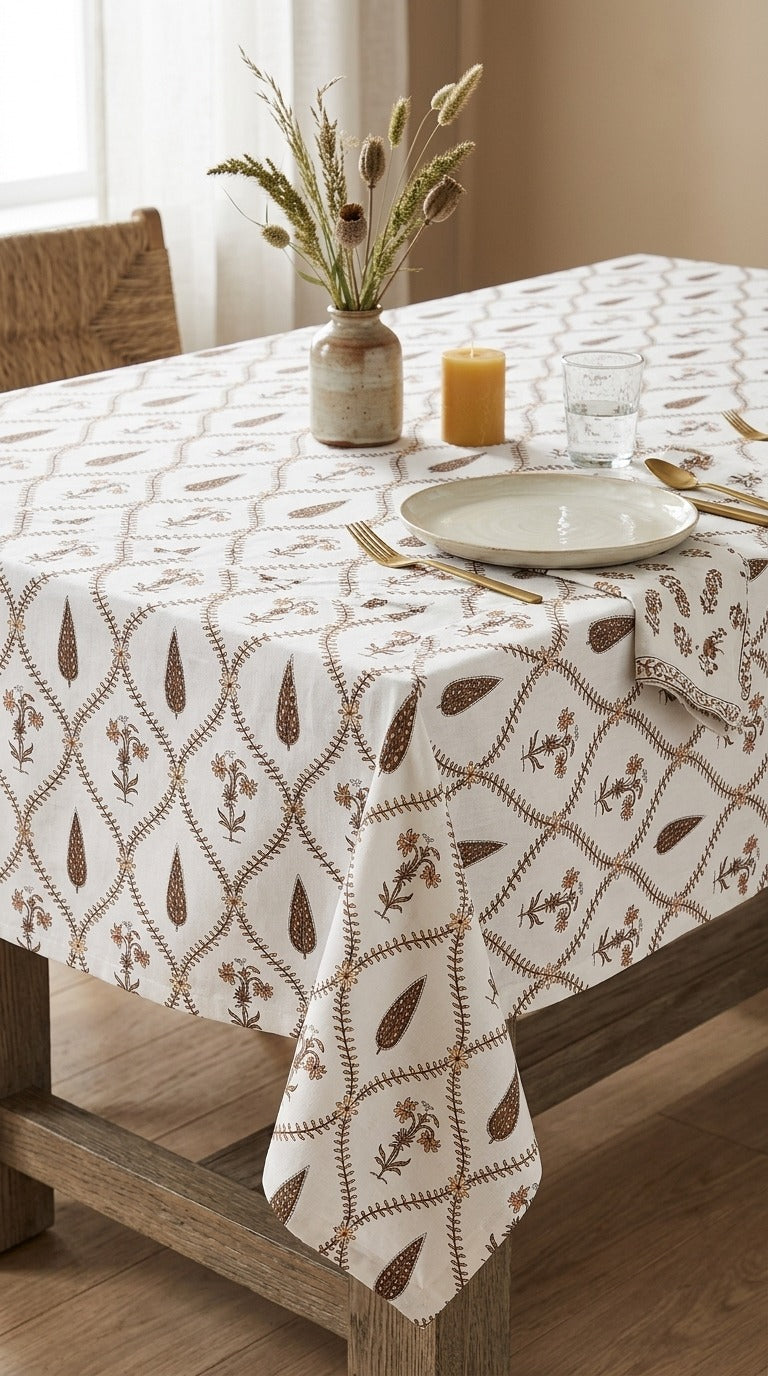 Warm Ochre Trellis & Floral Motif Pure Cotton Table Cover