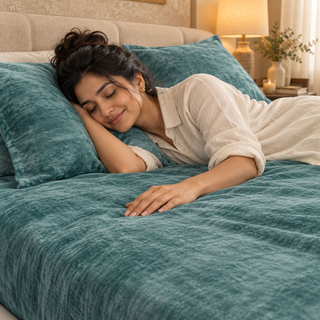 Serene Dark Green Super Soft Woolen Double Bedsheet with Matching Pillow Covers