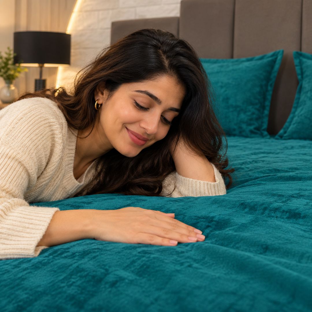 Elegant Teal Super Soft Woolen Double Bedsheet with Matching Pillow Covers