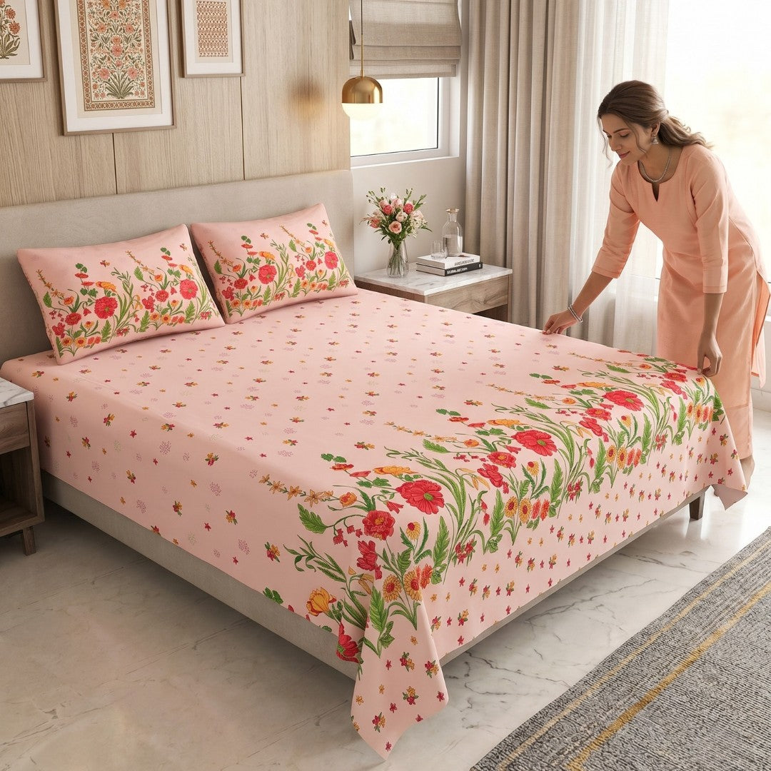 Baby Pink Poppies in Bloom Pure Cotton King Size Bedsheet