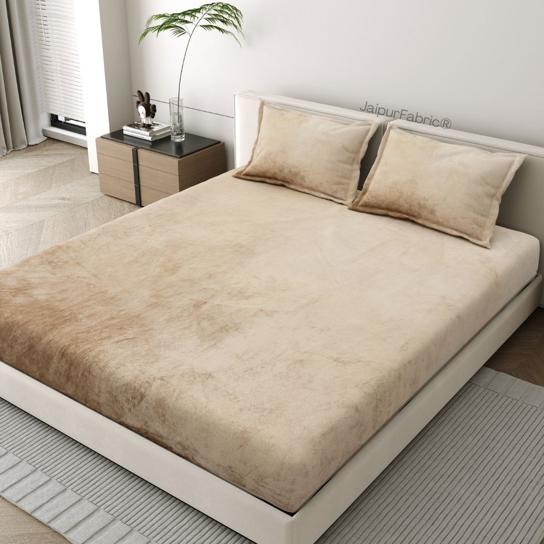 Luxurious Beige Super Soft Velvet Double Bedsheet with Matching Pillow Covers