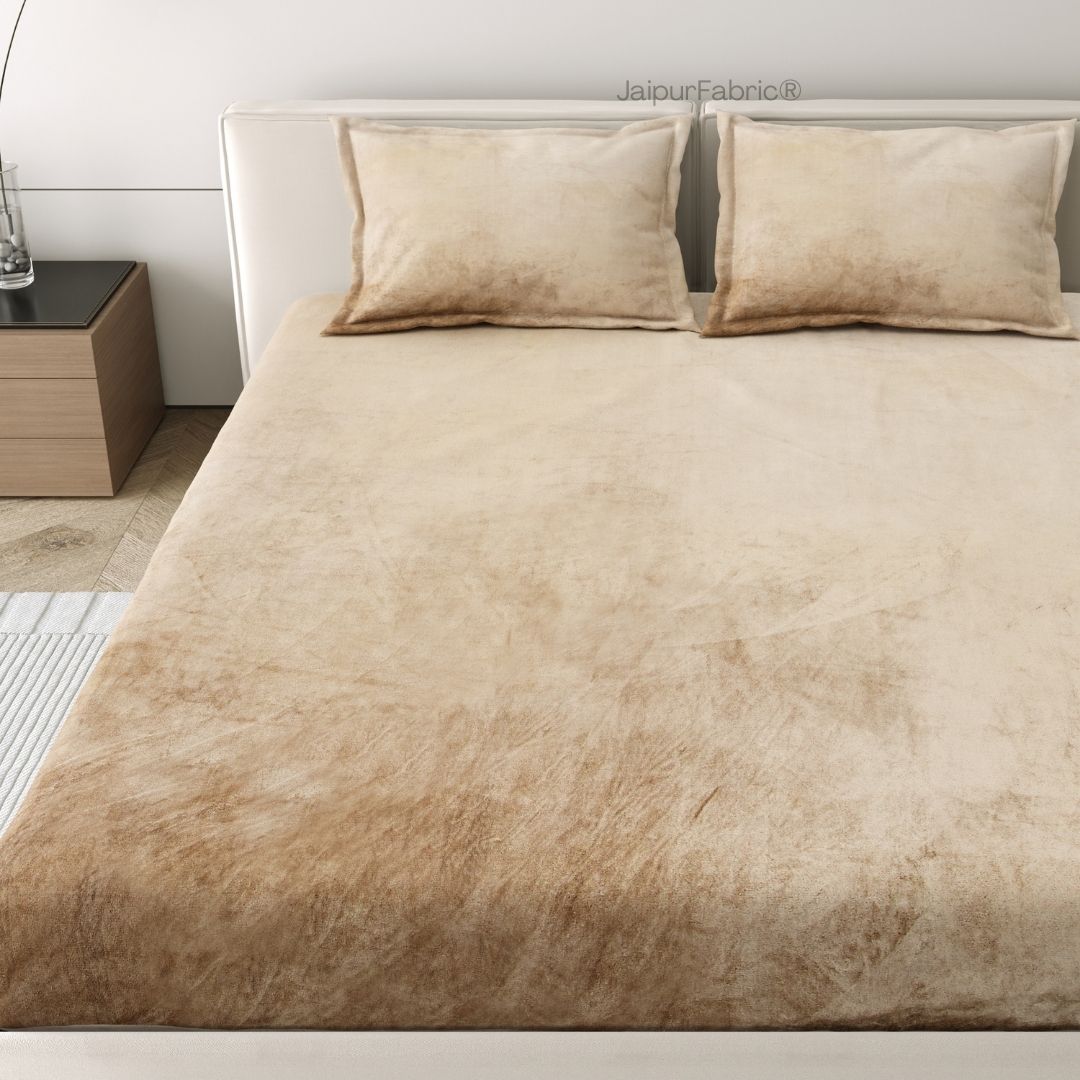 Luxurious Beige Super Soft Velvet Double Bedsheet with Matching Pillow Covers