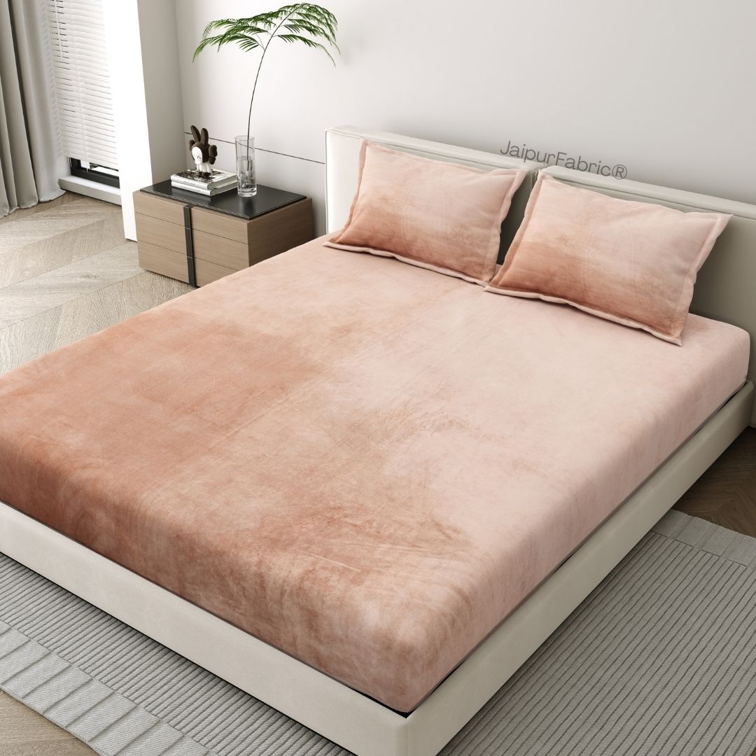 Elegant Blush Pink Super Soft Velvet Double Bedsheet with Matching Pillow Covers