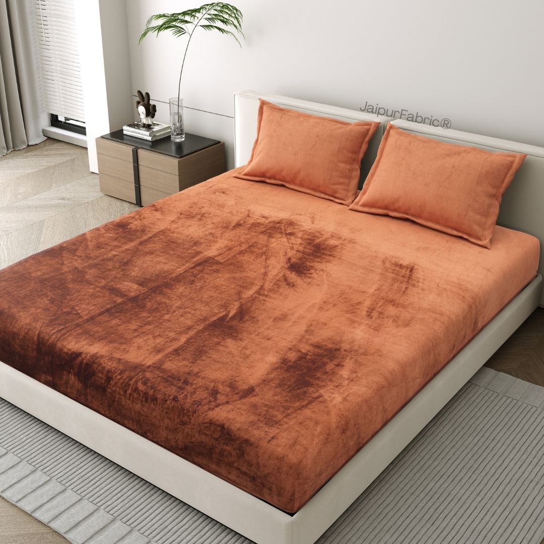 Rich Rust Super Soft Velvet Double Bedsheet with Matching Pillow Covers