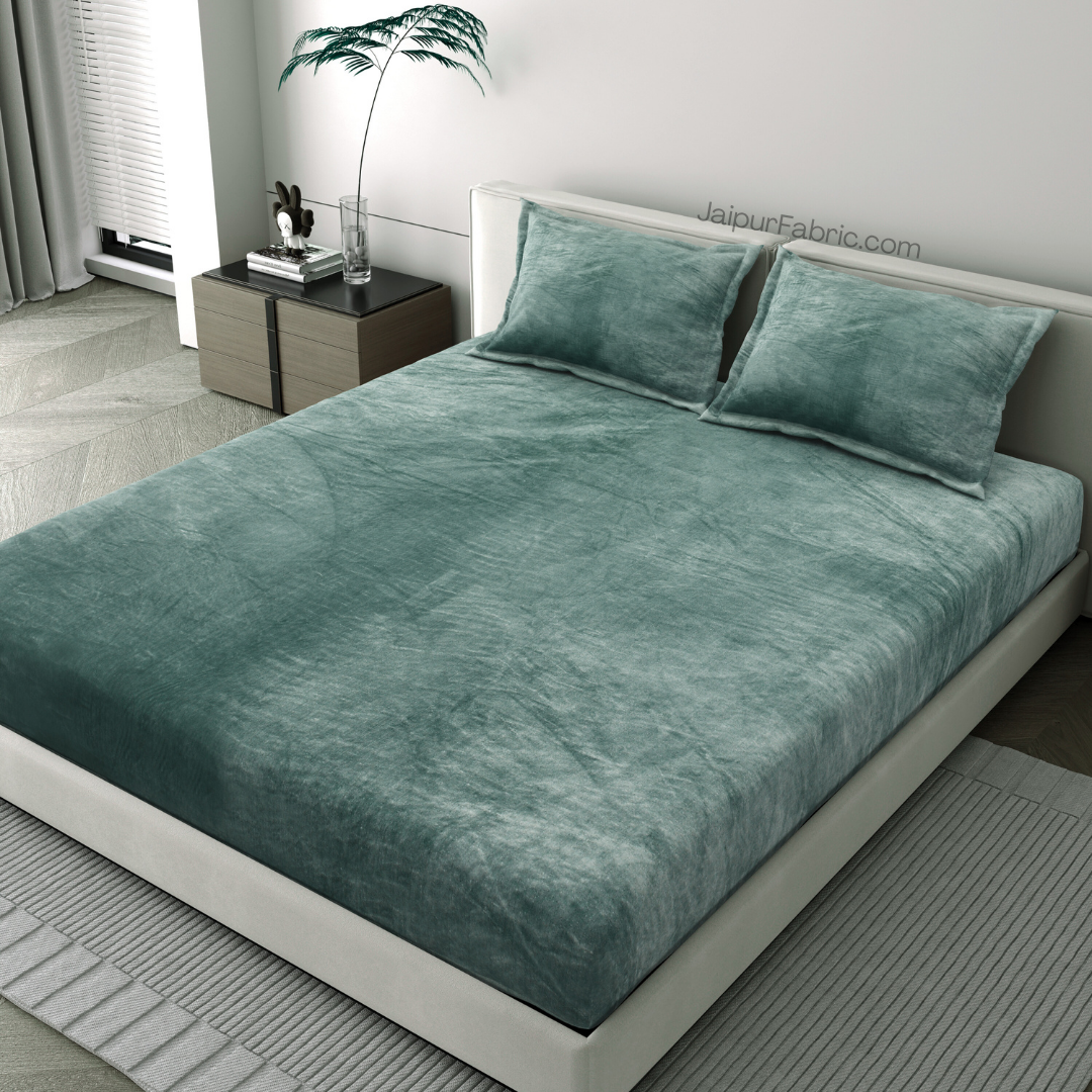 Serene Dark Green Super Soft Velvet Double Bedsheet with Matching Pillow Covers
