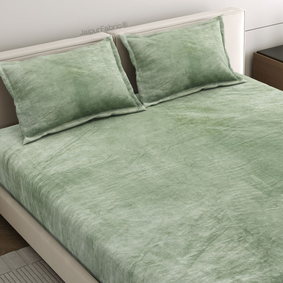 Serene Sage Green Super Soft Velvet Double Bedsheet with Matching Pillow Covers