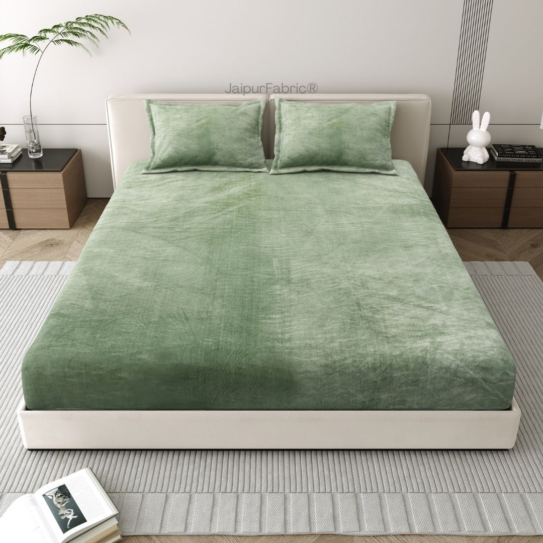 Serene Sage Green Super Soft Velvet Double Bedsheet with Matching Pillow Covers