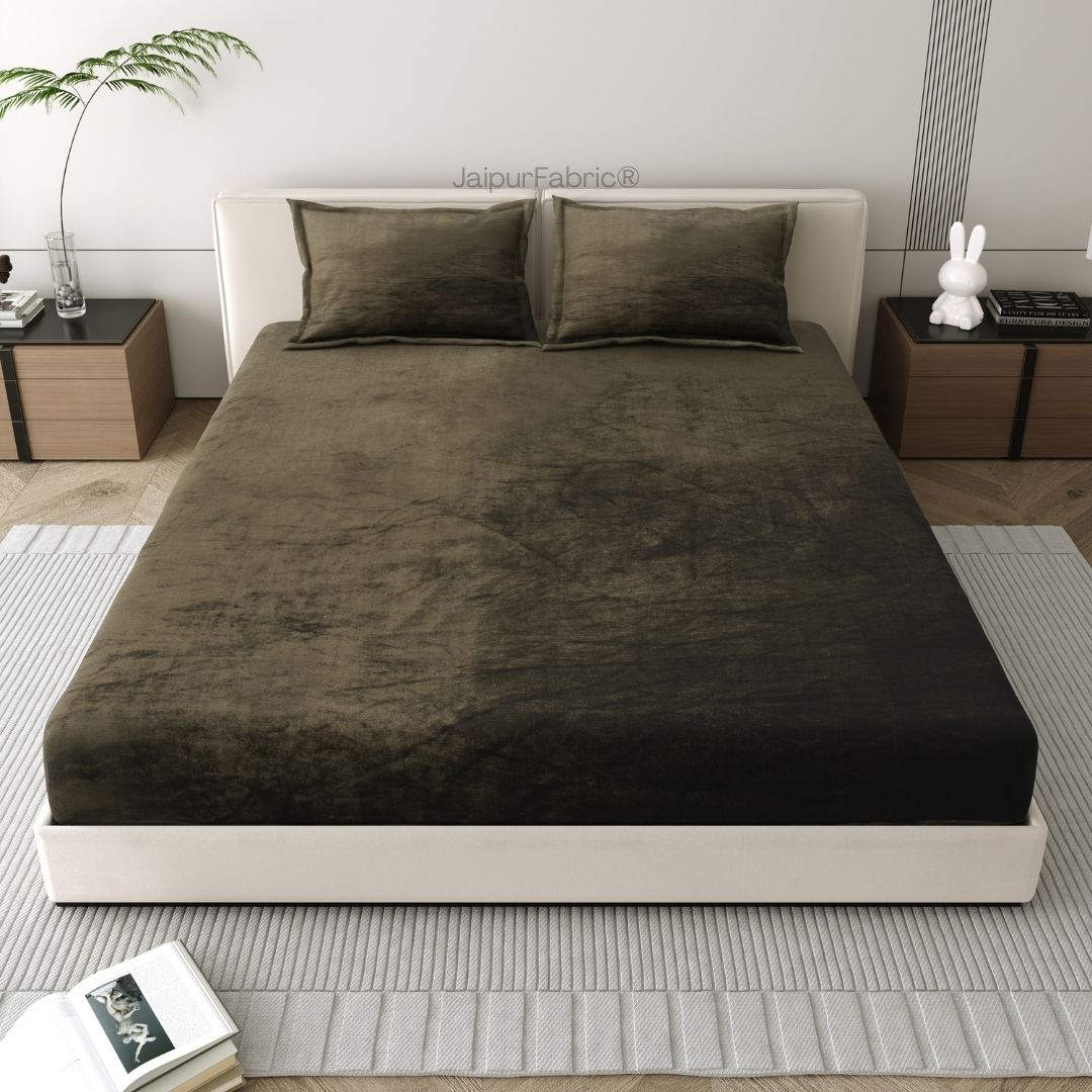 Deep Olive Green Super Soft Velvet Double Bedsheet with Matching Pillow Covers