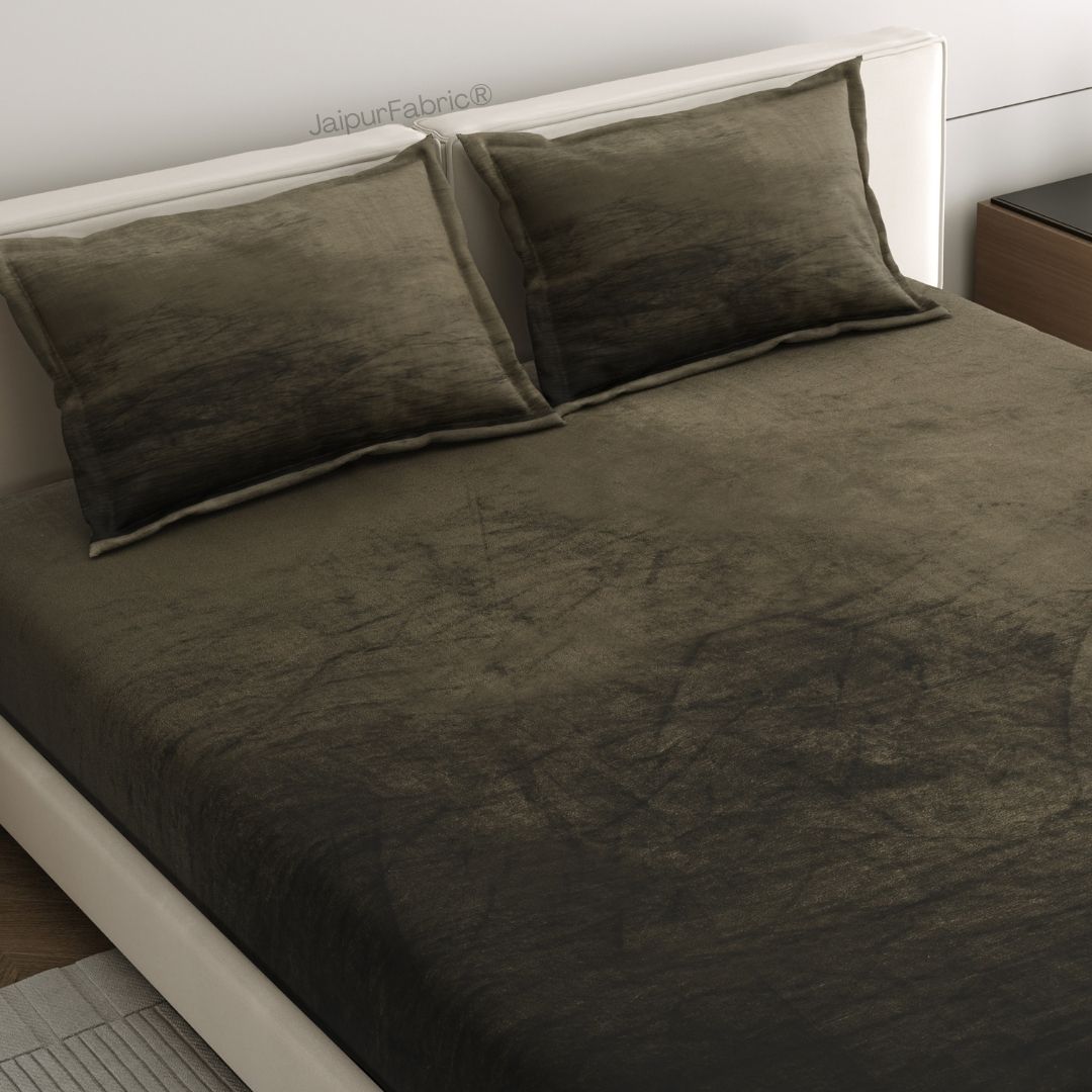 Deep Olive Green Super Soft Velvet Double Bedsheet with Matching Pillow Covers