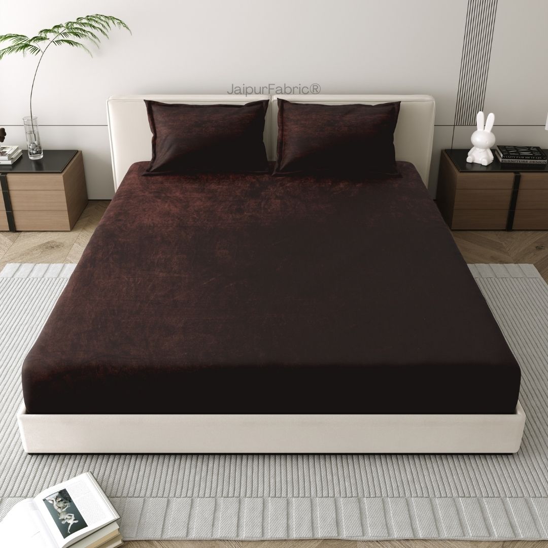 Classic Coffee Brown Super Soft Velvet Double Bedsheet with Matching Pillow Covers