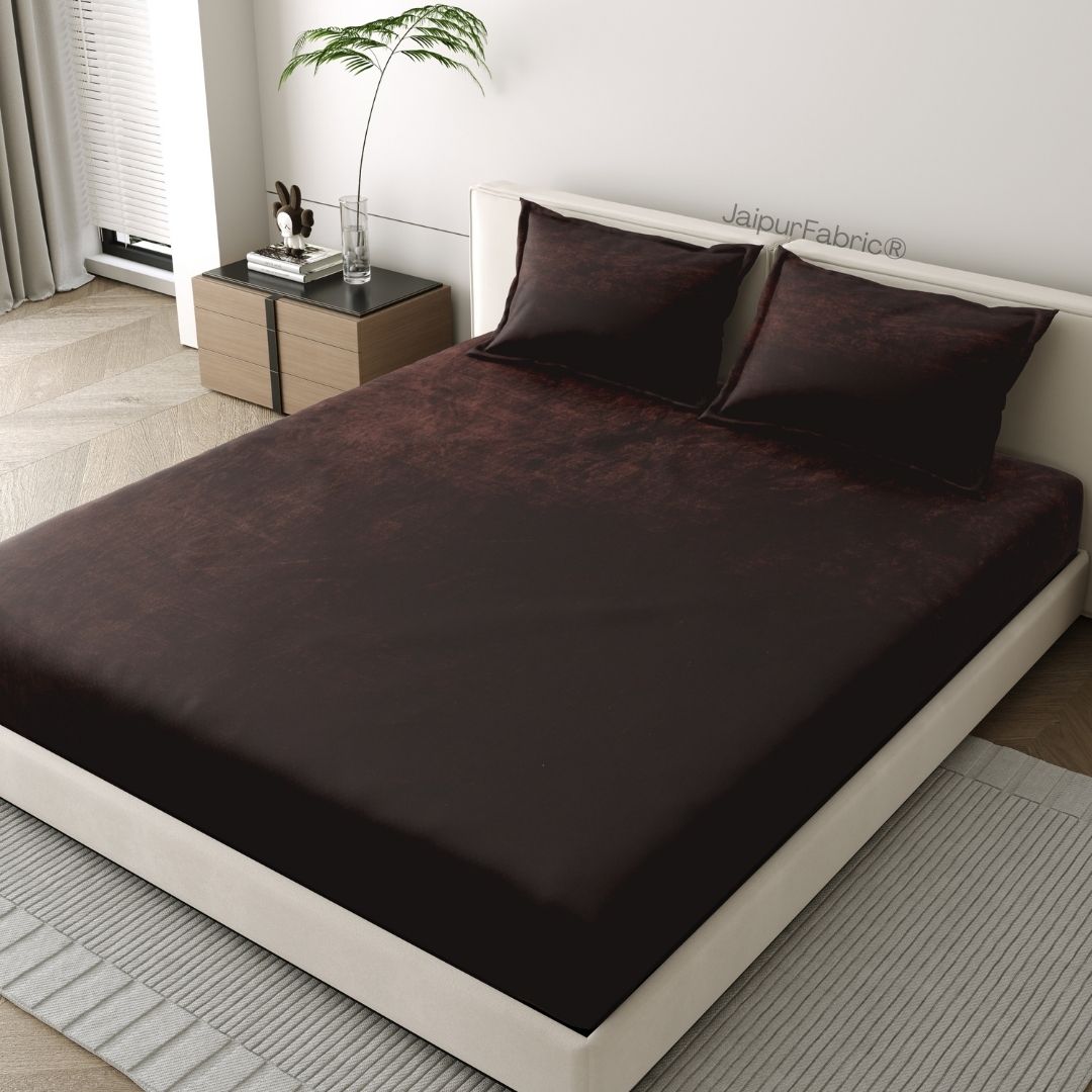 Classic Coffee Brown Super Soft Velvet Double Bedsheet with Matching Pillow Covers
