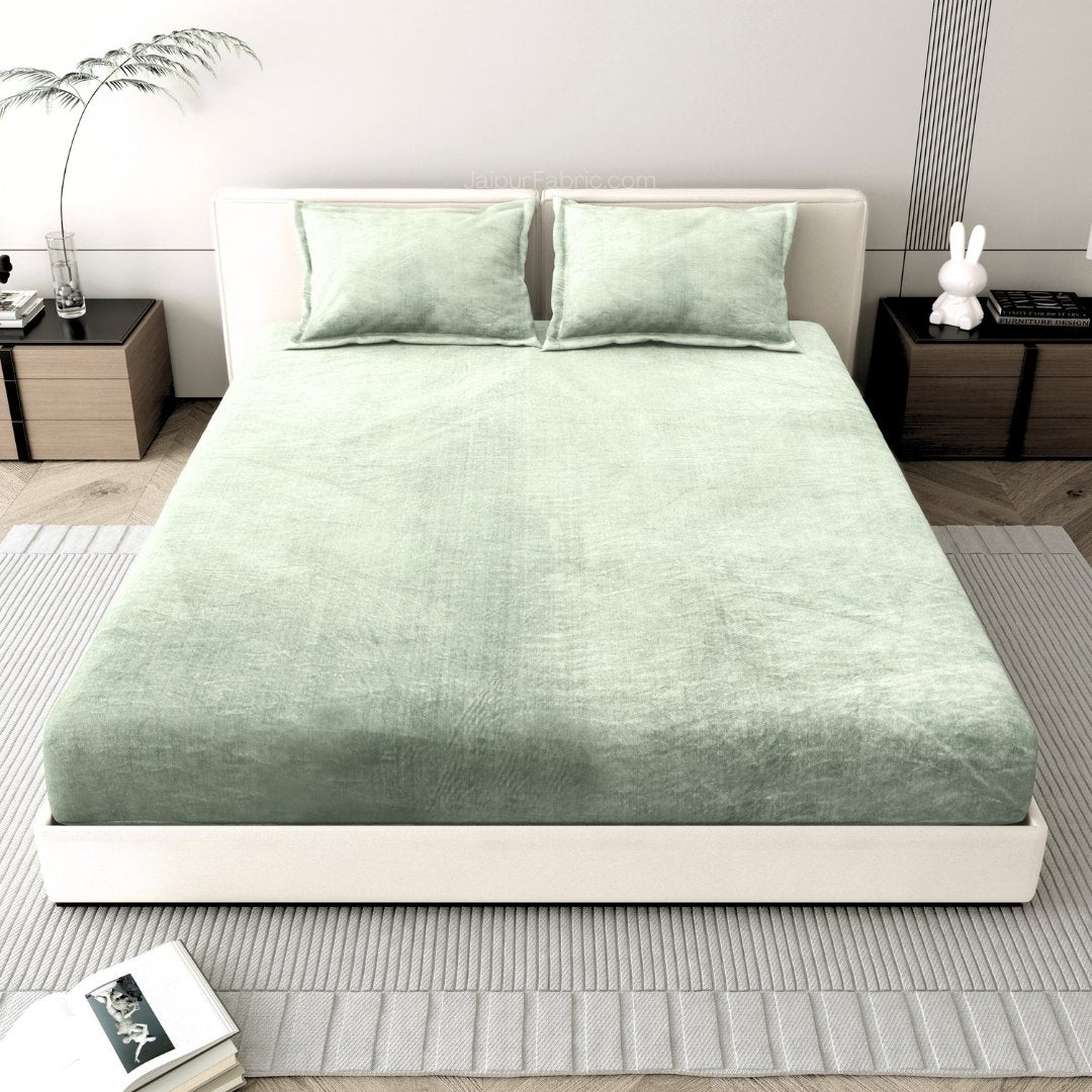 Rustic Mint Super Soft Velvet Double Bedsheet with Matching Pillow Covers