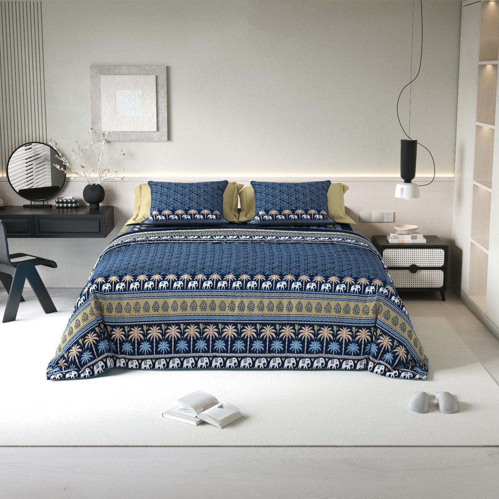 Navy Blue & Gold Elephant March King Size Bedsheet