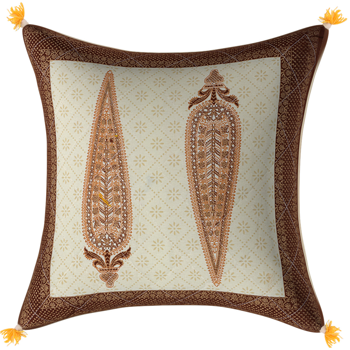 Cream Base Golden Leaves Brown Border Cotton Cushion Cover