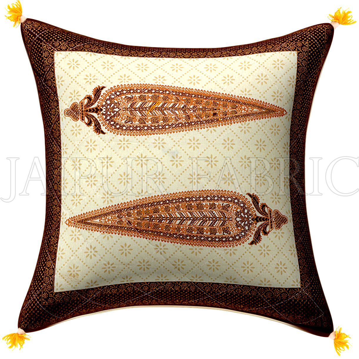 Cream Base Golden Leaves Brown Border Cotton Cushion Cover