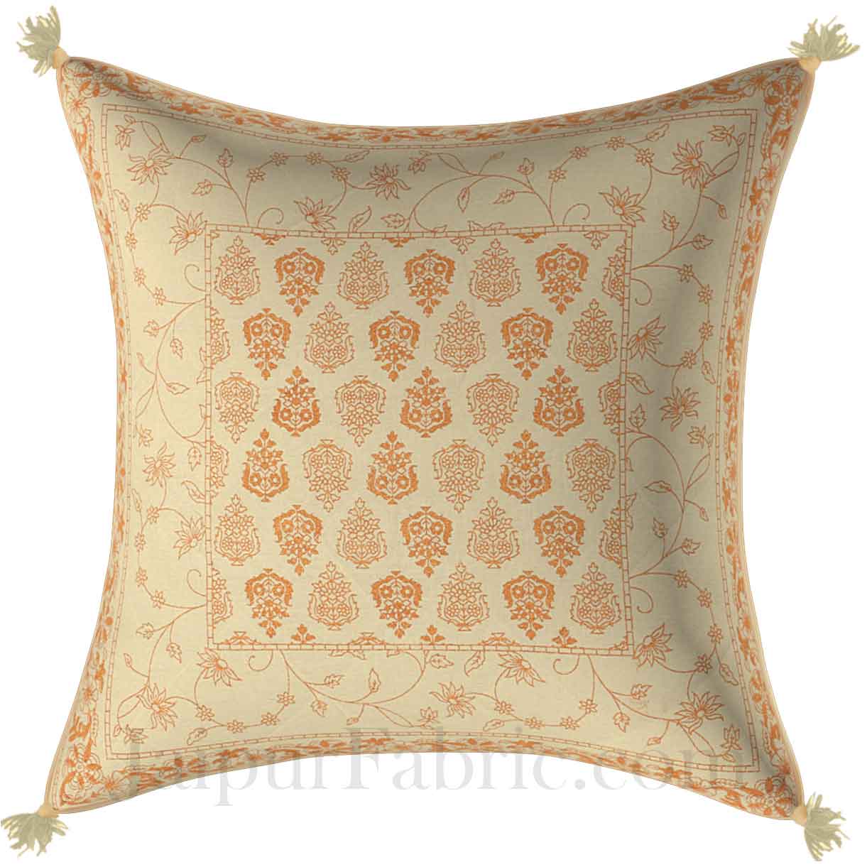 White Base Golden Brown Print Cotton Cushion Cover