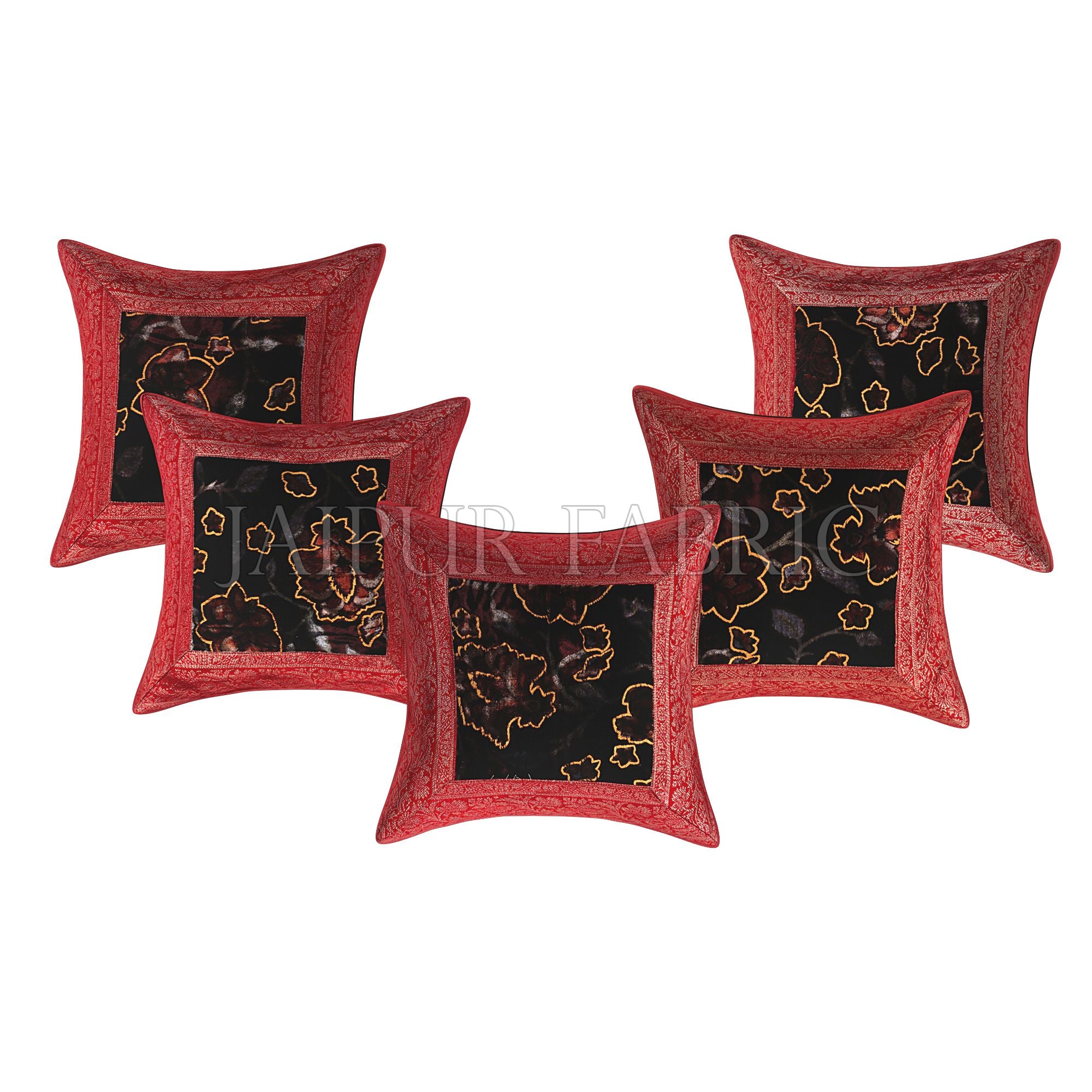 Brown Base Gota Work Red Border Floral Print Velvet Cushion Cover