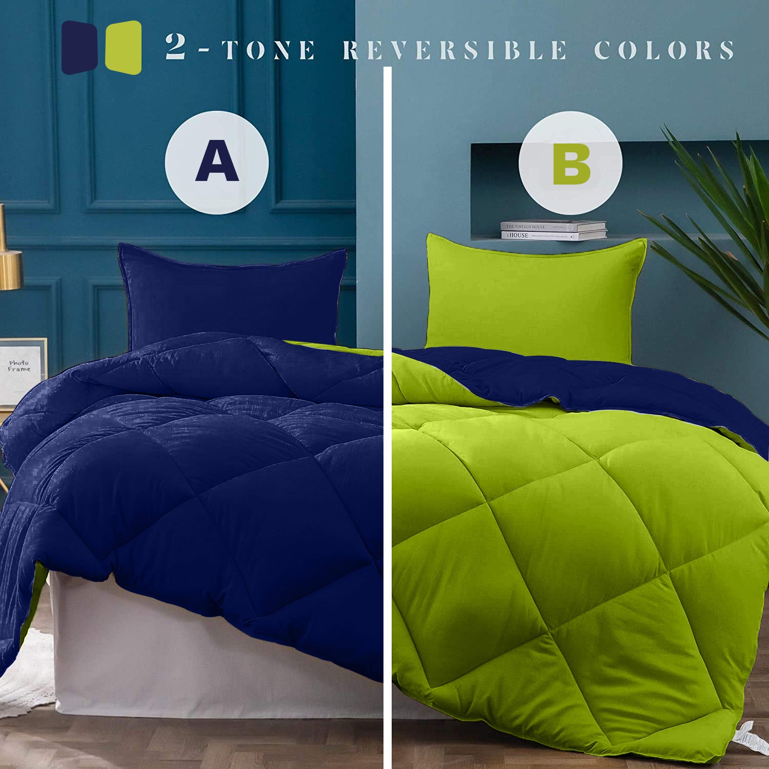 Navy Blue-Lemon Green Double Bed Comforter
