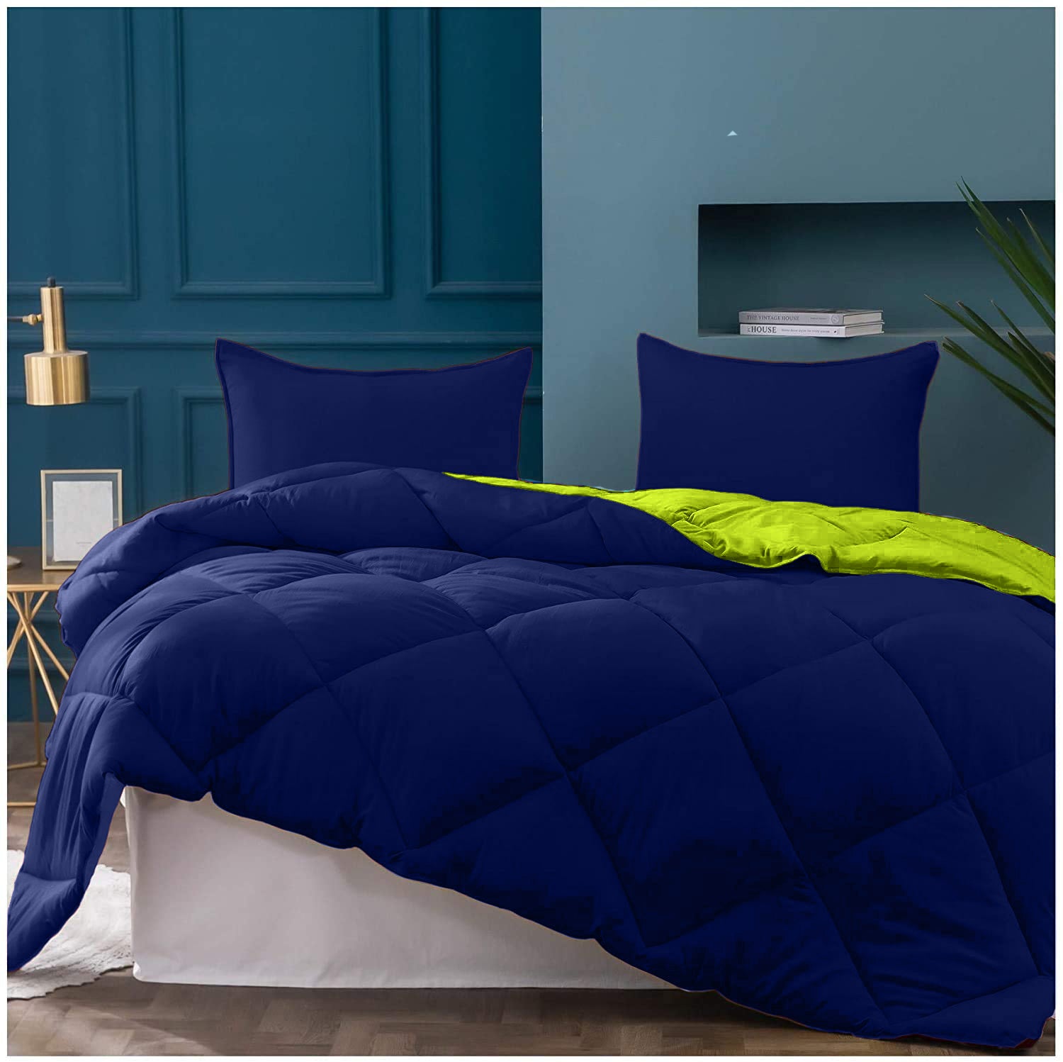 Navy Blue-Lemon Green Double Bed Comforter