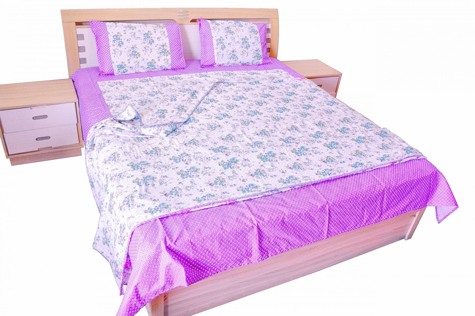 Ferozi Flower Print Cotton Bedsheet and matching AC Quilt Dohar set