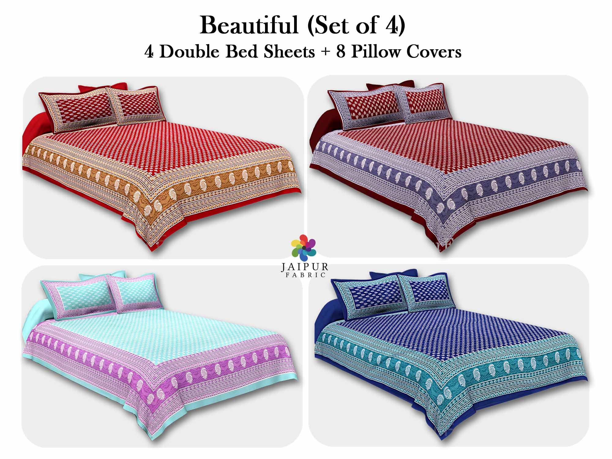 Floral Pattern Screen Print Cotton Double Bedsheet Combo of 4