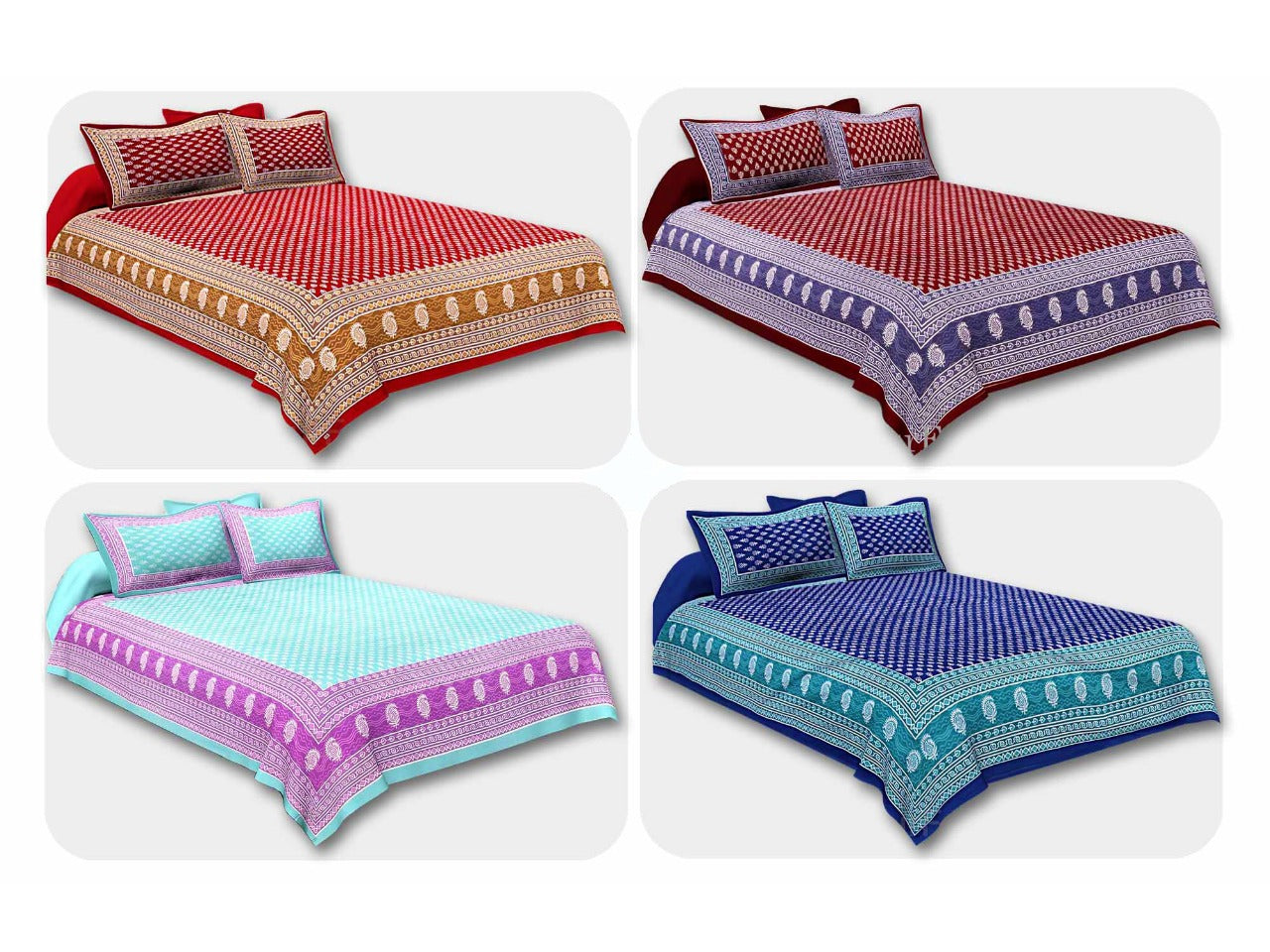 Floral Pattern Screen Print Cotton Double Bedsheet Combo of 4
