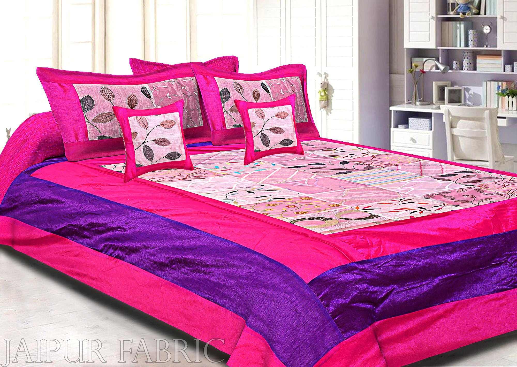 Magenta And Purple Border Pink Tisue Tukdi With Embroidery Silk Double Bedsheet