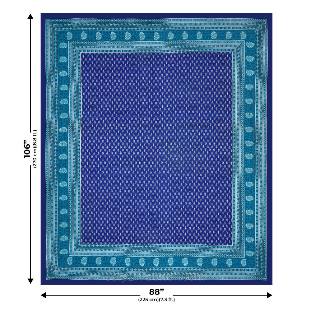 Navy Blue Color Floral Pattern Screen Print Cotton Double Bed Sheet