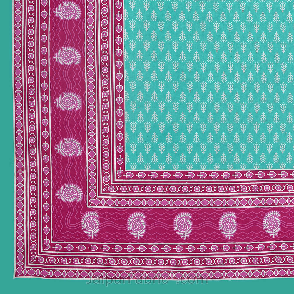 Green Border Leaf Pattern Screen Print Cotton Double Bed Sheet