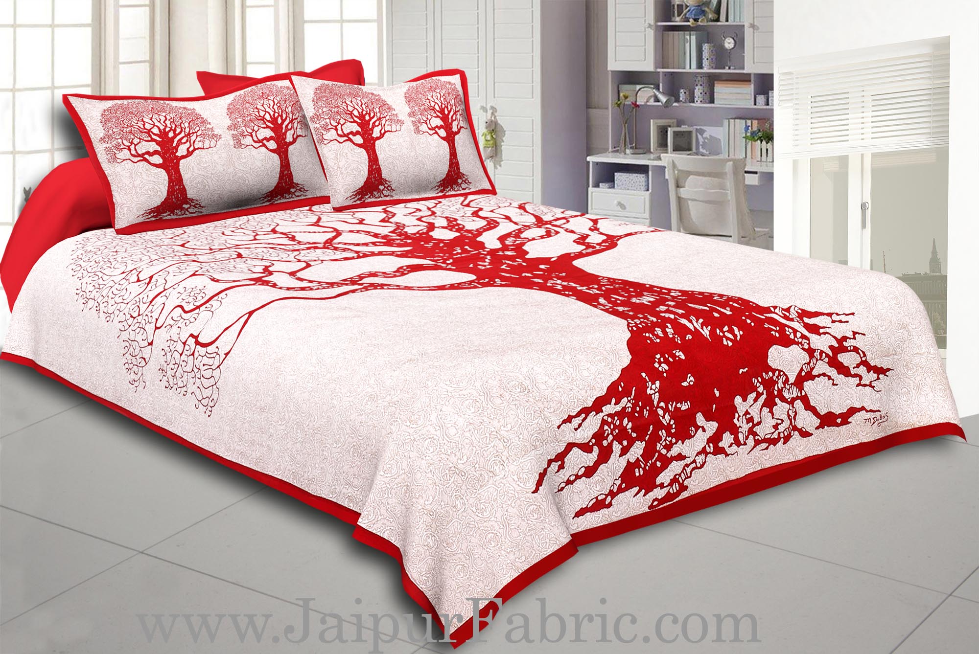 Maroon Border Light Cream base Big Tree Pattern Super Fine Cotton Double Bed Sheet