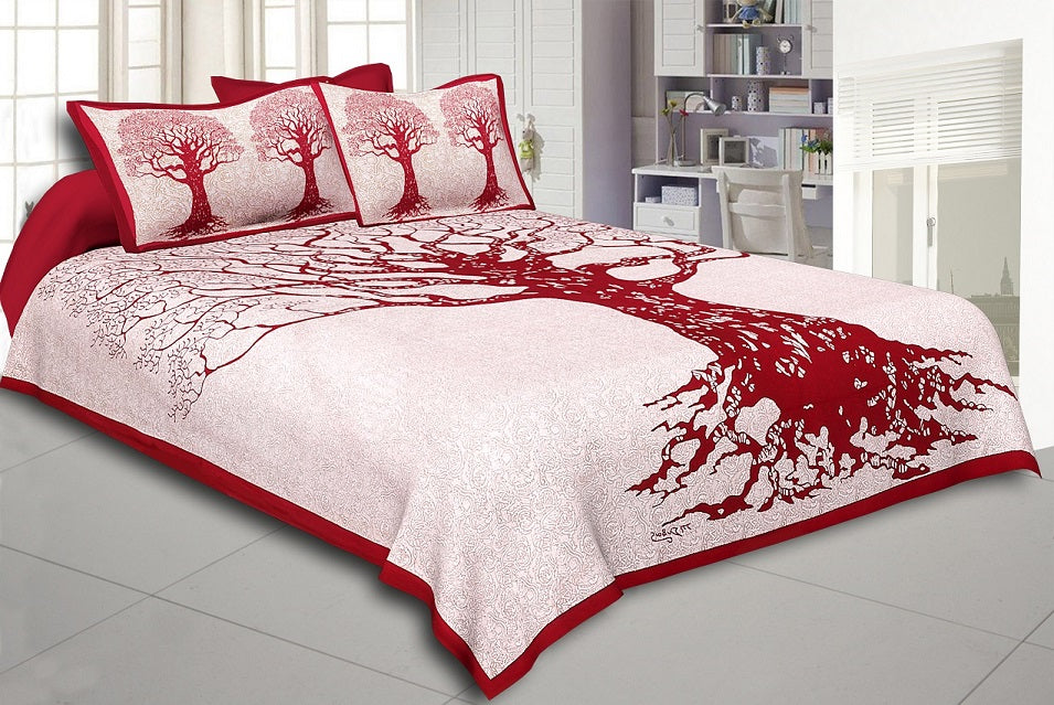 Maroon Border Light Cream base Big Tree Pattern Super Fine Cotton Double Bed Sheet