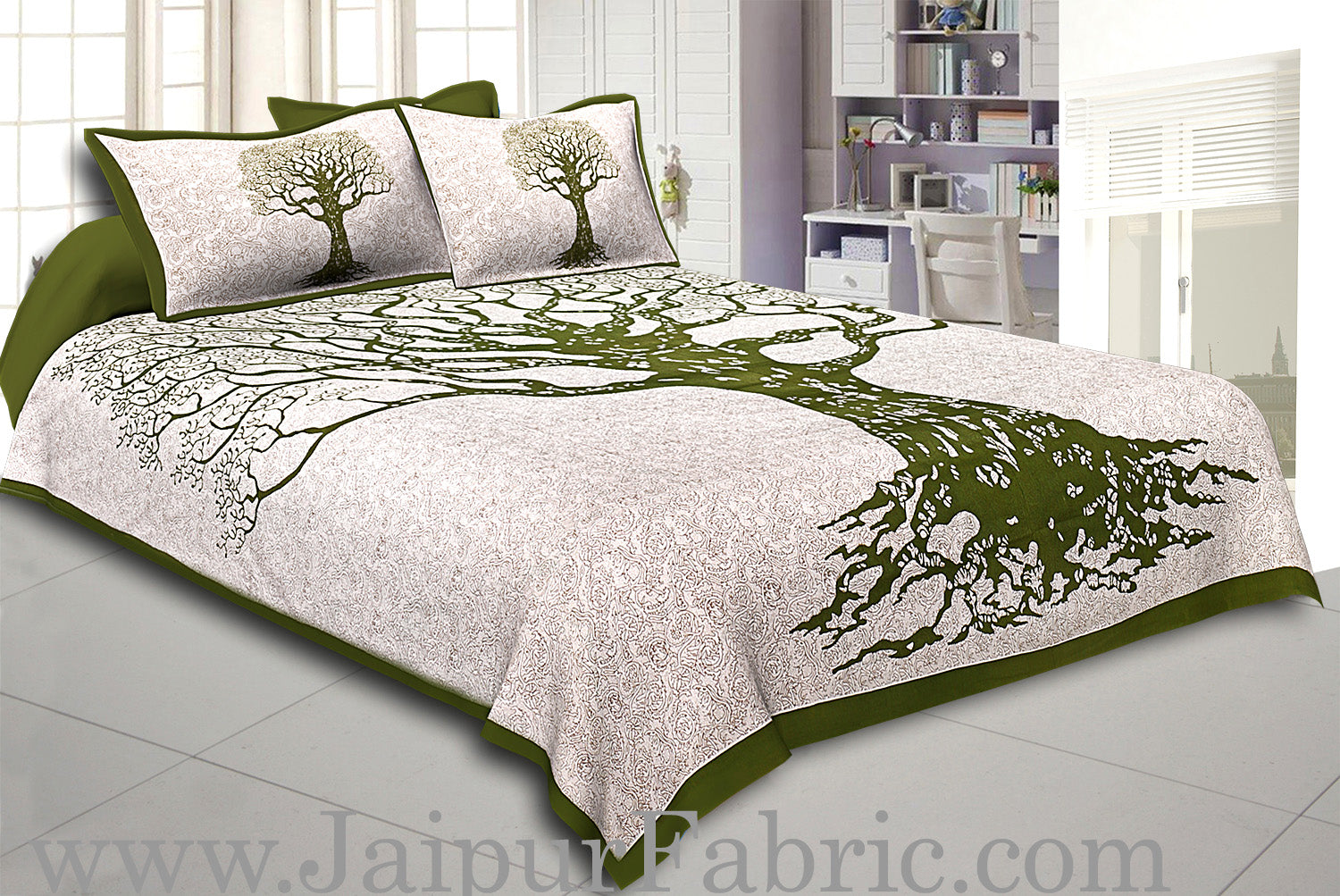 Green Border Light Cream base Big Tree Pattern Super Fine Cotton Double Bed Sheet
