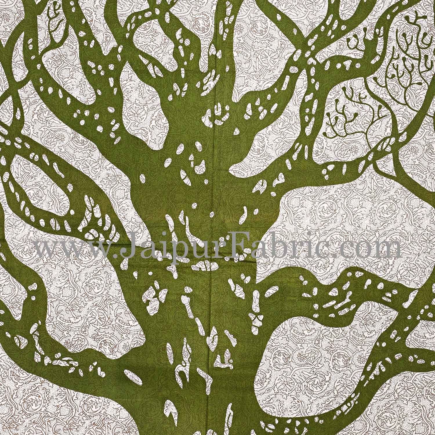 Green Border Light Cream base Big Tree Pattern Super Fine Cotton Double Bed Sheet