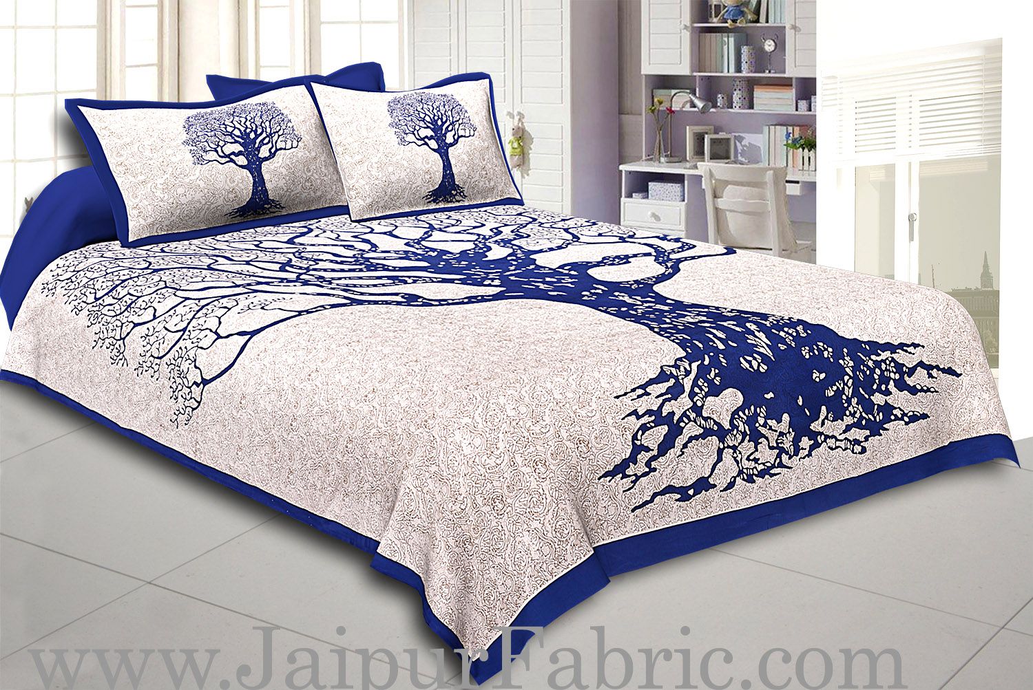 Blue Border Light Cream base Big Tree Pattern Super Fine Cotton Double Bed Sheet