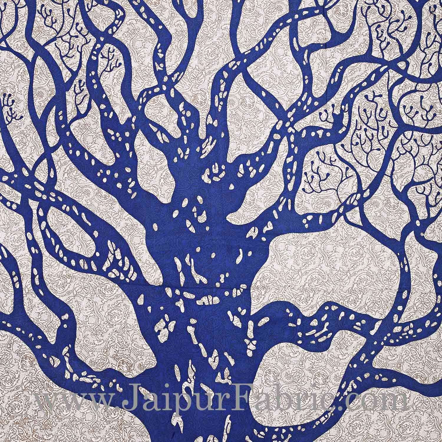 Blue Border Light Cream base Big Tree Pattern Super Fine Cotton Double Bed Sheet