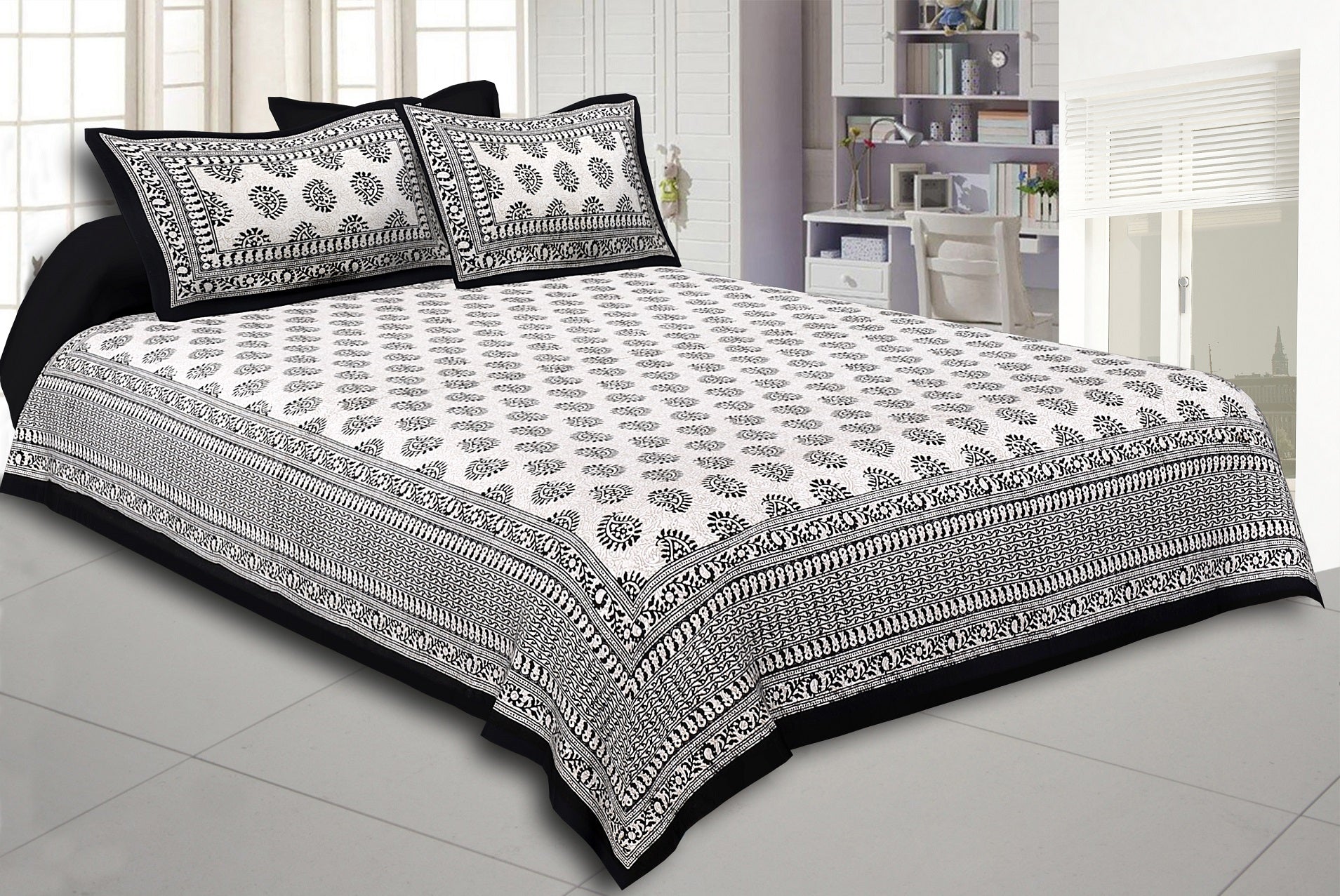 Black Border Cream Base Kerry Pattern Hand Block Print Super Fine Cotton Bed Sheet