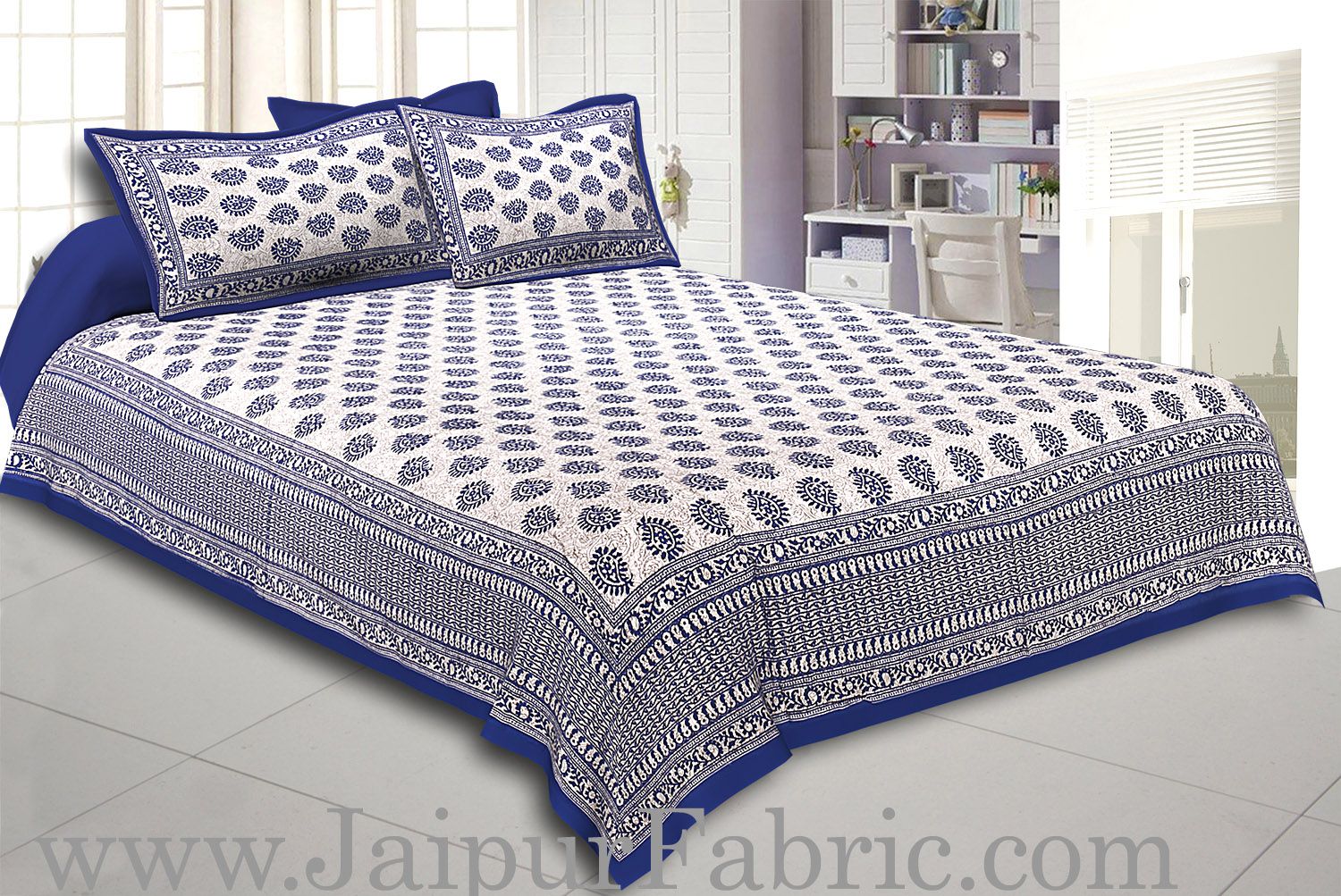 Blue Border Cream Base Kerry Pattern Hand Block Print Super Fine Cotton Bed Sheet