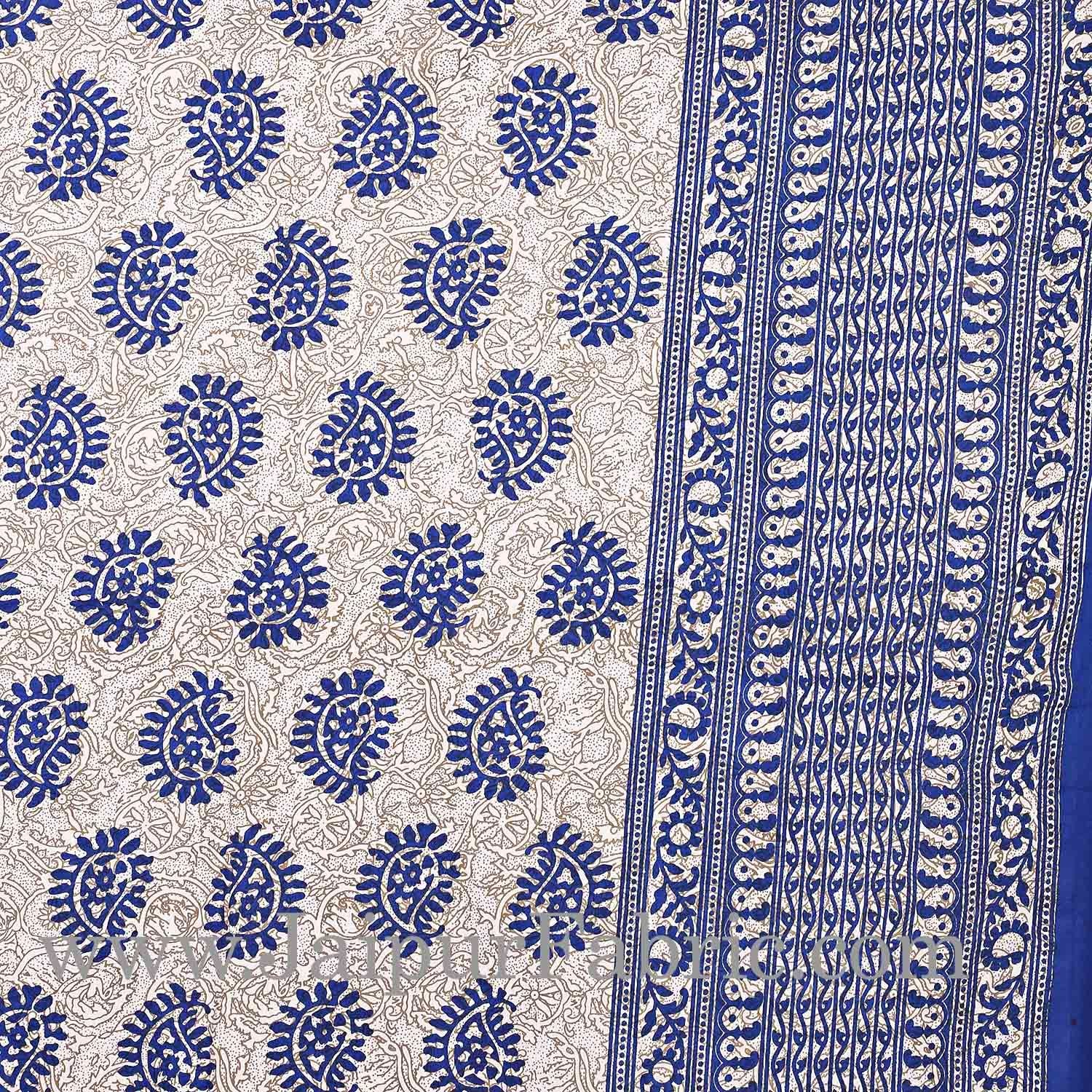 Blue Border Cream Base Kerry Pattern Hand Block Print Super Fine Cotton Bed Sheet