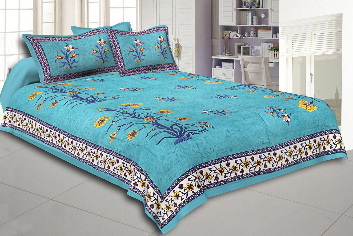 Sea Green Border Tree Print Sea Green Base Cotton Double Bed Sheet