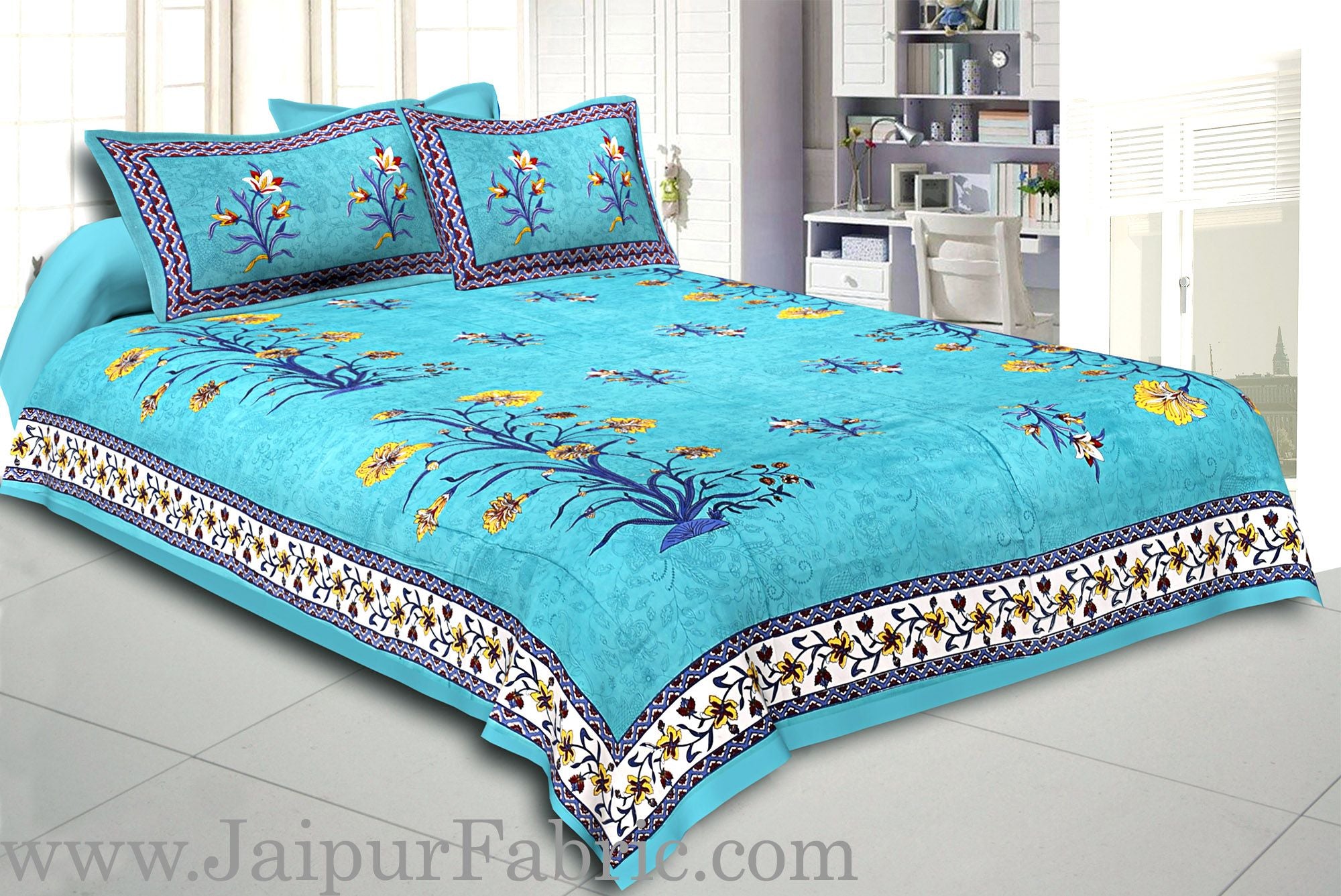 Sea Green Border Tree Print Sea Green Base Cotton Double Bed Sheet